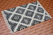 Wool Kilim 2.5x3.5 ft Floral Door Mat Rugs Afghan Hand Woven Black and White