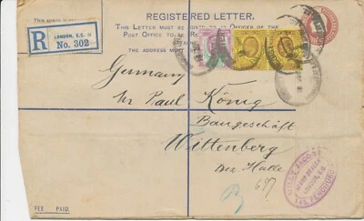 GB 1907, EVII 2d+1d brown large postal stationery registered envelope (Huggins & - Image 1 of 3