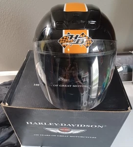 2003 Harley 100th Anniversary  Helmet Black & orange Size M w/ Bag & Box - Bild 1 von 12