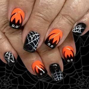 French Design Artificial Nail Tips Halloween Black Cobweb Fingernails 24Pcs - Picture 1 of 8