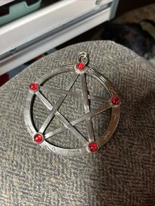 Pentacle Silver Finish 5 Red Cabochons Extra Large Pewter Wiccan Pendant 1A - Picture 1 of 6