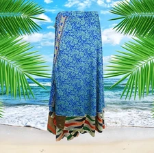 Womens Magic Wrap Skirt, Floral Double Layers Blue Wrap Skirts, Handmad One Size