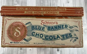 VTG 1930s Schraffts Chocolate Box Paper Litho Advertising Blue Banner Nougatines - Picture 1 of 12