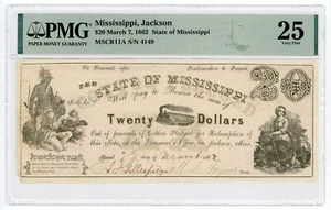 1862 Cr.11A $20 The State of MISSISSIPPI "Cotton Pledged" Note - PMG VF 25 - Picture 1 of 2