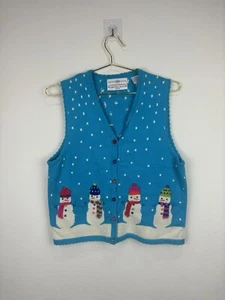 Marisa Christina Blue Christmas Vest Snowman Bright Snow Grannycore Size Medium - Picture 1 of 8