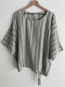 Time & Tru Women's Hip Tie Cotton/Linen Blend Blouse Pullover Grn/Wht sz 20 XXL - Picture 1 of 11