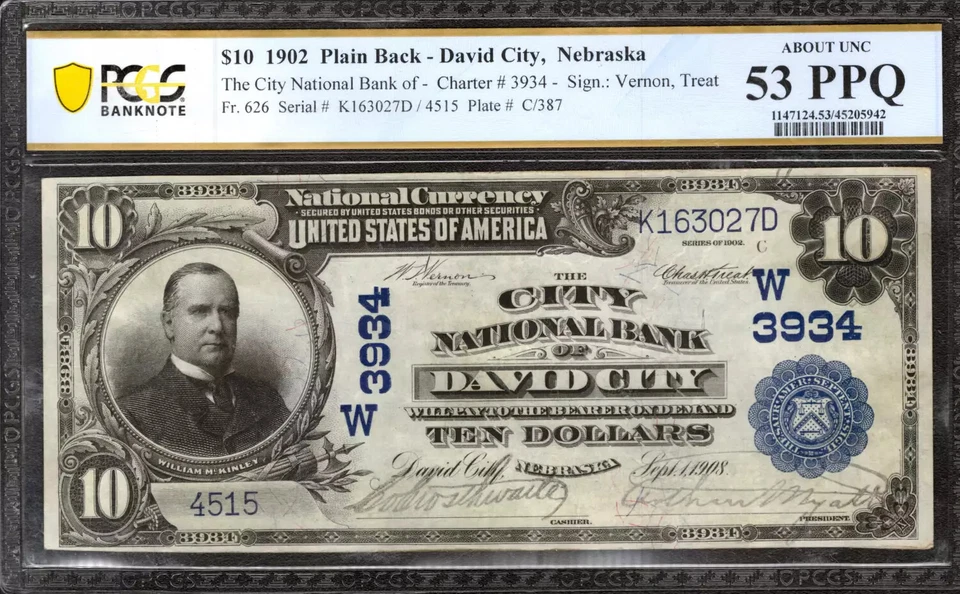 1902 $10 CITY NATIONAL BANKNOTE CURRENCY DAVID CITY NEBRASKA PCGS 53 AU (027D) - Image 1 of 2
