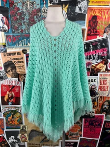 Vtg 70s 60s-70s Granny Knit Crochet Mint Green Fringe Tassel Poncho PS Festival - Picture 1 of 8