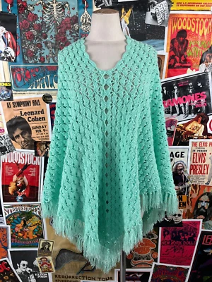 Poncho Borla Flecos Verde Menta Crochet Tejido Abuela Años 70 60-70 DE COLECCIÓN Festival PS Foto 1 de 4