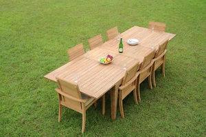 9-Piece Outdoor Teak Dining Set: 122” Rectangle Table 8 Stacking Arm Chairs Alps - Picture 1 of 13
