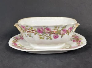 Antique Demartine Limoges Footed Gravy Sauce Bowl Serving Bowl HP pink roses - Picture 1 of 9