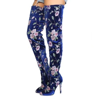 Super Women Over-the-Knee Boots Velvet Embroidered Heels Boots Blue Shoes Woman - Image 1 of 4