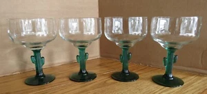 LIBBEY Cactus Margarita Glasses Hand Blown Green Stem 16 oz Set of 4 Vintage - Picture 1 of 6