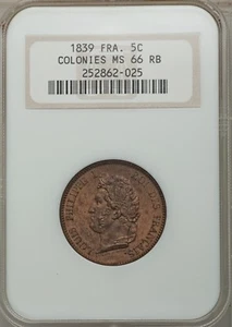 1839-A French Colonies 5 Centimes NGC MS 66 Red Brown West Indies, 0 Finer @ NGC - Picture 1 of 2