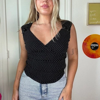 Vintage Y2K 2000s L.E.I Dainty Lace Trim Bow Detailed Polka Dot Blouse Sz S - Image 1 of 4