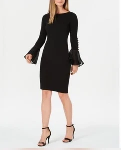 CALVIN KLEIN Woman Long Flutter Sleeve Solid Shift Dress Black Size 10 MSRP $99 - Picture 1 of 11