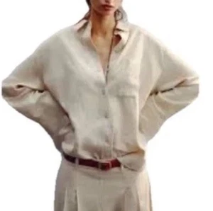 Zara Top Linen Oversized Long Sleeve Button Up Lagenlook Neutral Beige Large - Picture 1 of 11