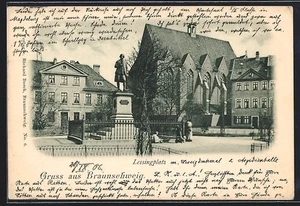 Brunswick, Lessingplatz con monumento, cartolina 1906 - Foto 1 di 2