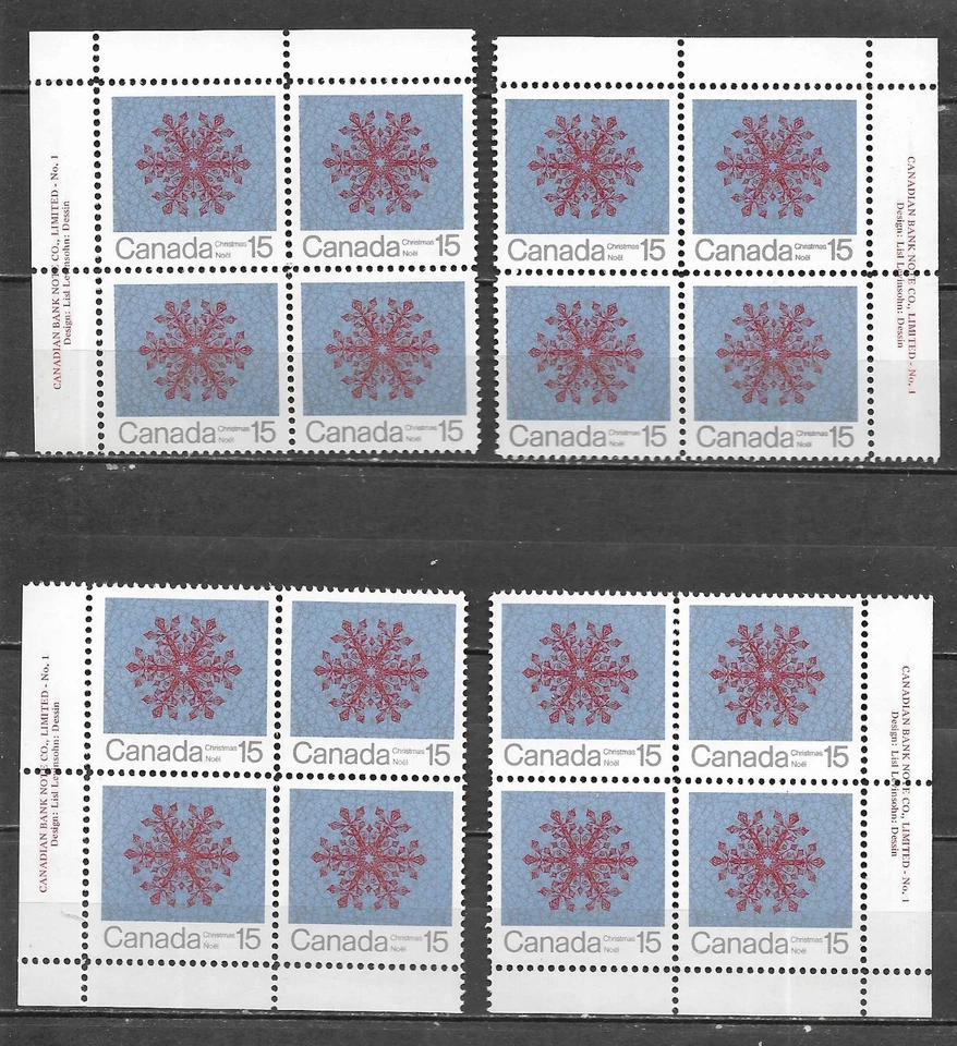 pk03251:Stamps-Canada #557 Christmas Snowflake 15 cent Plate 1 Block Set - MNH - Image 1 of 1