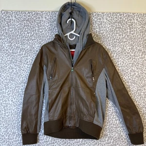 Guess Men's Jacket Brown Gray Faux Leather Hoodie Zip Up Medium - Picture 1 of 8