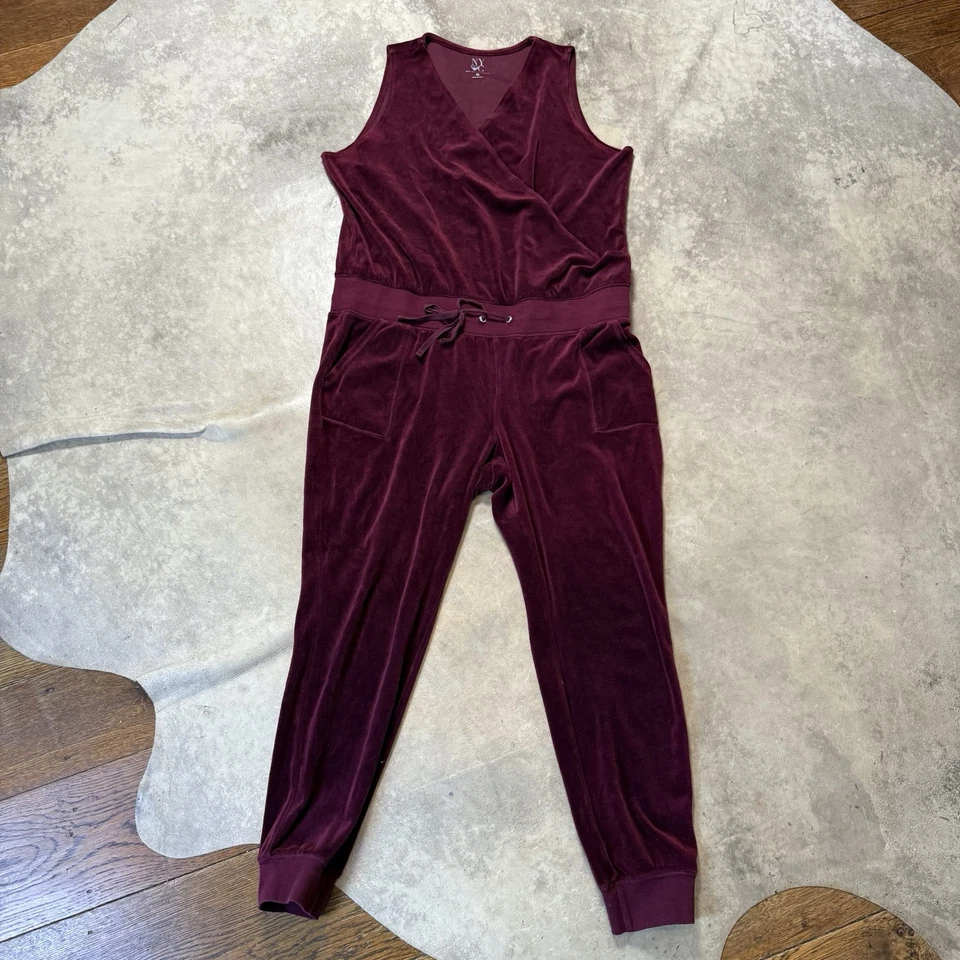 New York Company 连身裤女式 XL 码勃艮第天鹅绒无袖绑带腰 — 第 1/4 张图片