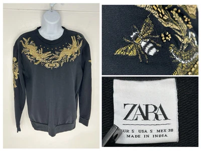 Sudadera Zara Negra Bordada Dorado Dragón Talla Pequeña Fairycore Whimsey Foto 1 de 4
