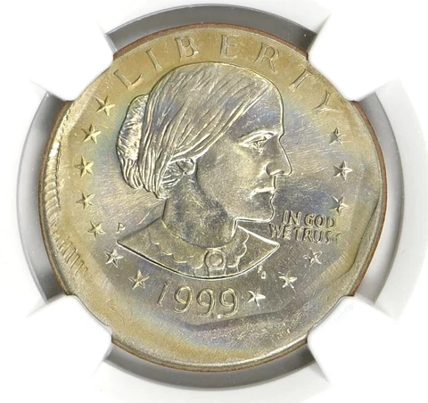 1999-P SBA Dollar 10% Off Center Error NGC MS63 Rainbow Toned Neat Mint Error Cover
