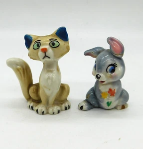 Vintage Ceramic Cat & Bunny Figurines Pair Mid-Century Japan Style Kitsch - Picture 1 of 5
