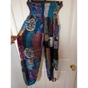 Kathmandu Imports 100% Rayon Patchwork Harem Pants Boho Hippie Smocked One Size - Picture 1 of 11
