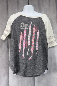 Mudd Girl's Life Is More Fun With Friends Short Sleeve Ivory Gray T-Shirt 7/8 - Picture 1 of 3