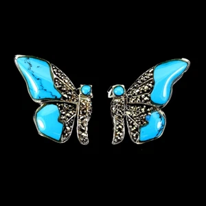 TÜRKIS & MARKASITEN SCHMETTERLING OHRRINGE MASSIV 0,925 STERLINGSILBER - Bild 1 von 3