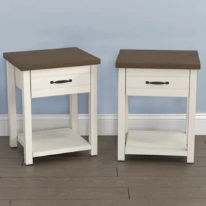2 Pack Lancaster Farmhouse Oak Top 1 Drawer Nightstand Bedroom Side Table Ivory - Picture 1 of 12