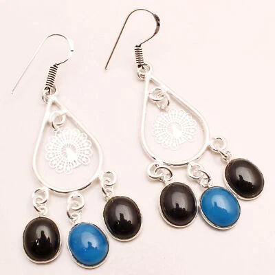 Orecchini Pendenti Fatti A Mano In Pietra Preziosa Onice Nero 2.76" EE-032 - Immagine 1 di 4