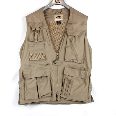 Humvee Safari Photo Fishing Hiking Vented Vest Beige Khaki Pockets Utility Sz L - Image 1 of 4