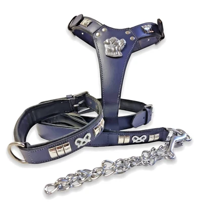 Staffordshire bull terrier leather dog harness collar chain lead set grey silver - Image 1 of 4