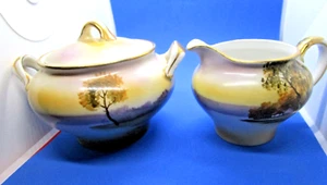 Vintage Noritake M Japan Hand Painted Creamer And Sugar Bowl House & Lake Scene - Picture 1 of 7