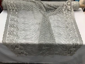 SILVER-GRAYTREE DESIGN WITH FLOWERS AND GLITTER SEQUINS ON A MESH LACE-BY YARD. - Picture 1 of 8