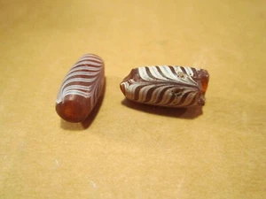 Antique Venetian Red Lampwork Trail Decorated Glass Feather Beads, African Trade - Picture 1 of 5