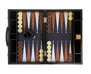 Tournament Size Backgammon Set Black And Tan Fabric Ground Leather Case 22"x29" - Picture 1 of 11