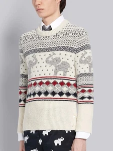 Thom Browne White Mohair Wool Tweed Elephant Fair Isle crewneck Jumper - Size 4 - Picture 1 of 22