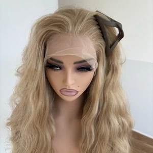T Lace Frontal Wigs Long Wavy Layered Synthetic Hair Heat Resistant Blonde - Picture 1 of 9