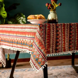 Red Boho Tablecloth Pompom Tassel Table Cloths Exquisite Bohemian Table Cover... - Picture 1 of 7
