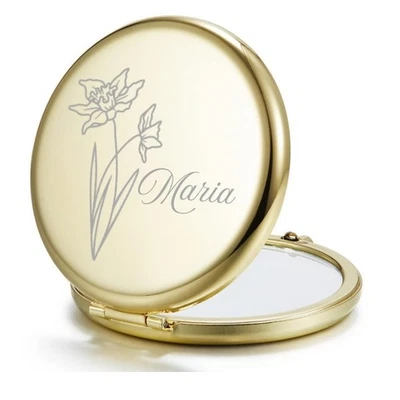 Stylish Compact Mirror with March Birth Flower Daffodils Engraving Design Gift - Image 1 of 4