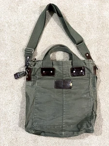 PROPERTY OF Coated Green Canvas Leather Messenger Bag Distressed Shoulder - Picture 1 of 11