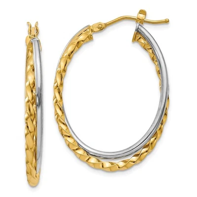 Italian 14k Two Tone Gold 7mm Nickel Free Textured & Twisted Oval Hoop Earrings - Image 1 of 3