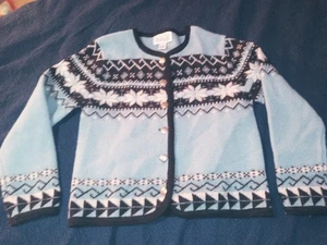 VTG Tally Ho Fair Isle Blue 100% Luxury Wool Cardigan Button Down Sweater Sz M - Picture 1 of 7