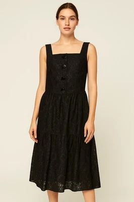 Vestido midi Donna Morgan negro floral jacquard sin mangas con botones delanteros para mujer 14 Foto 1 de 4