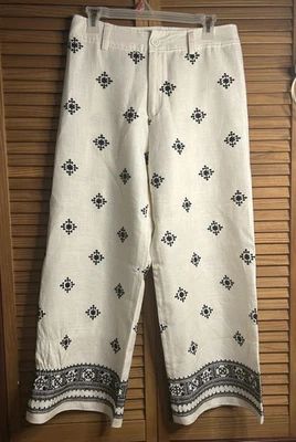 Elie Tahari Cream And Black Embroidered Wide Leg Pants Size 8 - Image 1 of 4