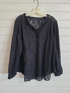 Torrid Damen Übergröße 2 Bluse schwarz durchsichtige Ösen Langarm Oberteil - Bild 1 von 8