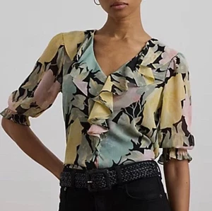 Neu mit Etikett Lauren Ralph Lauren Damenbluse Blumenmuster Georgette Rüschenbesatz Herbst XLarge - Bild 1 von 8